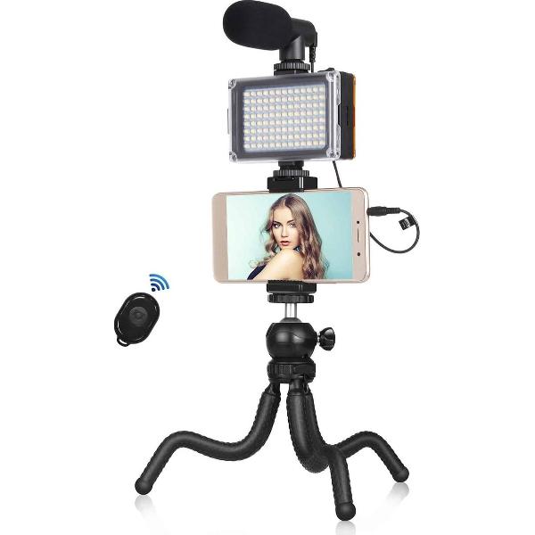 PULUZ 4-in-1 Vlogging Live Mini Octopus-beugelkit + studiolamp + microfoon + telefoonklemsets (zwart)