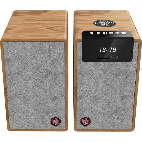 Avlove AVL2 - Hifi Stereo Speaker Set / Luidsprekers - Bluetooth, USB en AUX - Draadloos Opladen Bamboe/Grijs