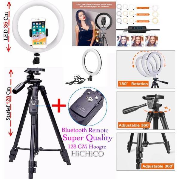LED Ring Lamp 35 Cm + Super Tripod Camera Statief 128 Cm Zwart Inclusief Bluetooth Remote Shutter – HiCHiCO