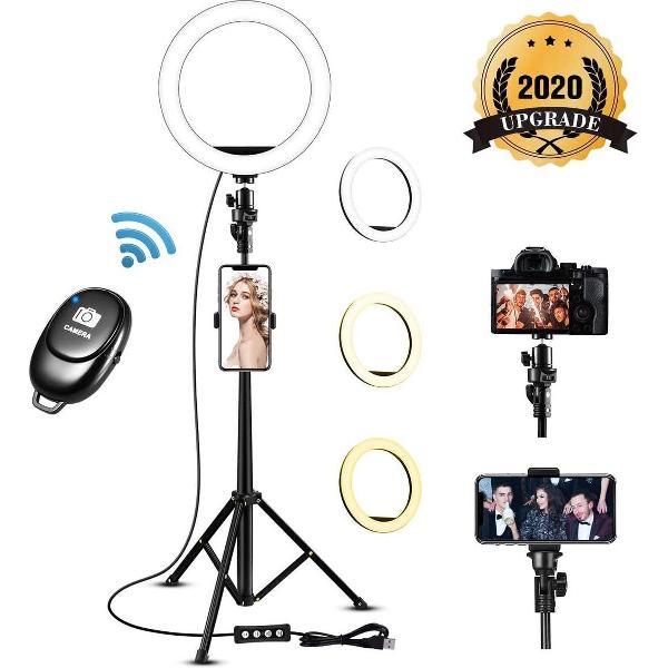 LED Ringlamp Met Statief Verstelbaar incl Telefoonhouder - Ring Light - Tik Tok - Ring Lamp Voor Telefoon - Studiolamp - Bluetooth Afstandsbediening - USB - Ringlight - 25cm / 10 Inch - 185cm Hoog - Apple - Samsung - Android