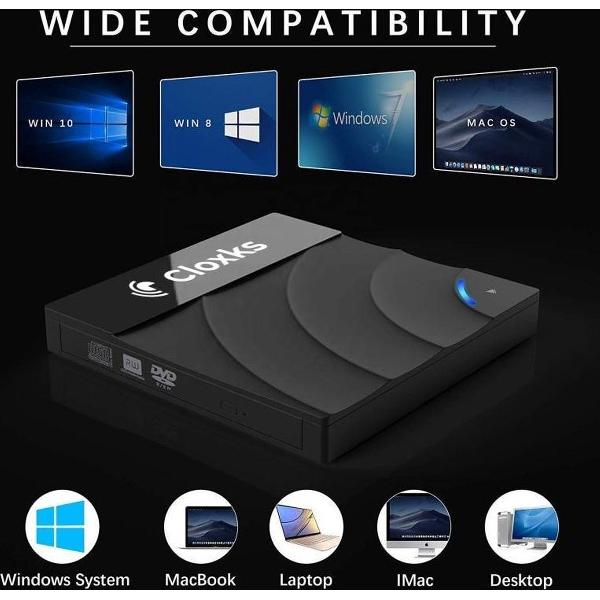 Cloxks – Externe DVD / CD speler en brander – Externe CD / DVD brander voor laptop - High speed (USB 3.0) en USB-C adapter – Touch control – Portable DVD speler – schokbestendig – Automatische Foutcorrectie – Ruisonderdrukking – Plug & Play – Zwart
