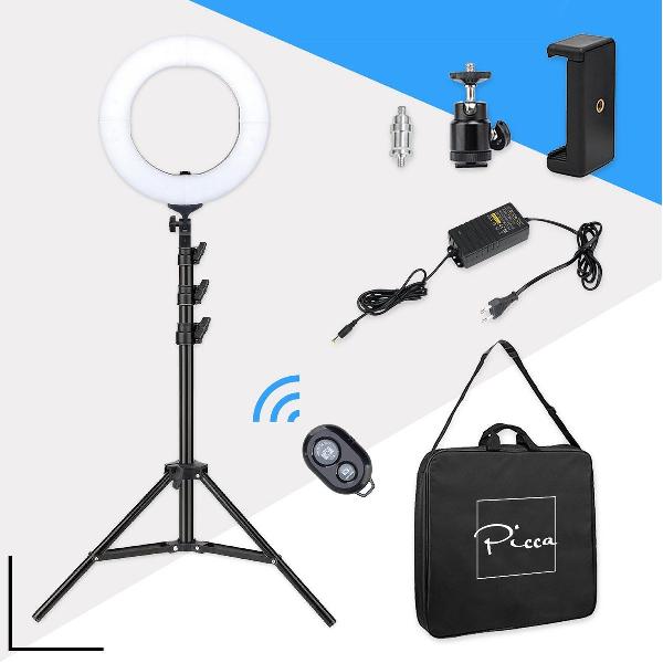 Picca 14 inch ringlamp set led ringlicht met camerastatief - tot 190 cm