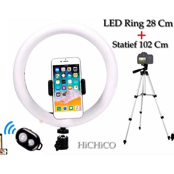 Smartphone Tripod Camera Statief 102 Cm Zilver met LED Ring Light 28 Cm Inclusief Bluetooth shutter – HiCHiCO