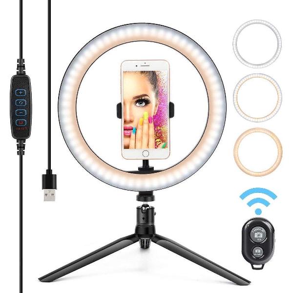 LED Ring lamp USB met telefoonhouder - 3 lichtstanden - 26 cm 10 inch - Vlog - Ring led - Make-up lamp - Ringlight - TikTok - Instagram - Studiolamp - Fotostudio - Ringflitser - Beauty - Ring flitser met tripots en bluetooth afstandsbediening