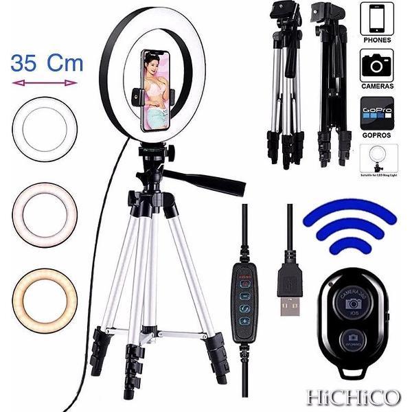 LED Ring Light 35 Cm met Smartphone Tripod Camera Statief 102 Cm Zilver Inclusief Bluetooth shutter – HiCHiCO
