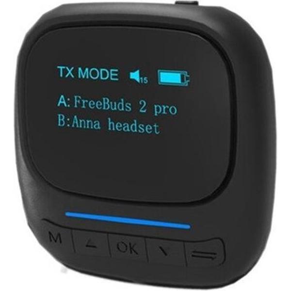 DrPhone StreamX PRO Bluetooth 5.0-zenderontvanger – aptX- OLED scherm– Draadloze Audio - AUX 3,5mm – 2 koptelefoons tegelijk - Zwart