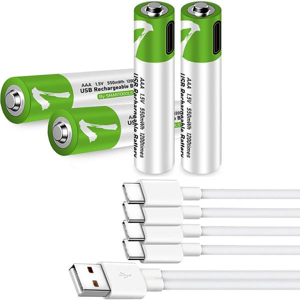 AAA Oplaadbare batterijen 1,5 Volt 733 mWh met 4-in-1 USB Type-C Kabel opladen - Duurzame Keuze - Lithium AAA batterij - 4 stuks