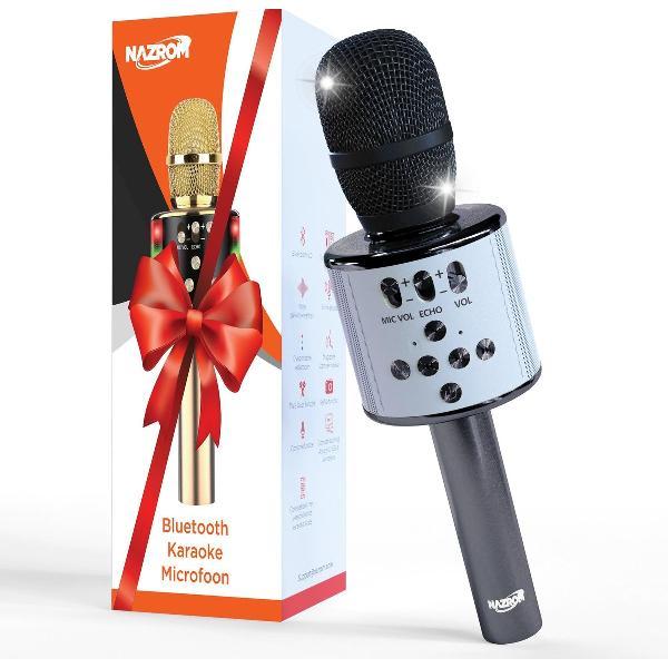 NAZROM® Karaoke Microfoon, Draadloos, Superieur Geluidskwaliteit met LED lampjes en Magische Stemmen Voor Een Gezellig Feest - Zwart
