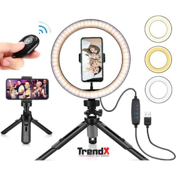 Smartphone Statief - Tafel Ringlamp - TikTok Youtube selfie lamp- Ringlight met Statief - Ring Light Lamp - incl. Bluetooth Afstandsbediening- Diameter van 30 cm