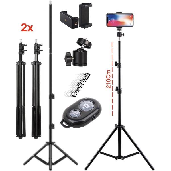 2x Camerastatief 210Cm Voor Fotocamera en Smartphone - iPhone - Canon - Nikon - Spiegelreflexcamera Inc. Bluetooth Remote Shutter, Telefoonhouder, 360 ° Draaigreep horizontaal CoolTech