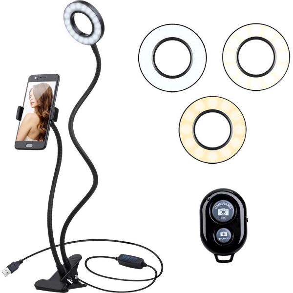 Vizyon LED Ring Light Ringlamp WIT - Ledring met statief - mobiele telefoonhouder - MET AFSTANDBEDIENING & Verstelbaar - Selfiehouder