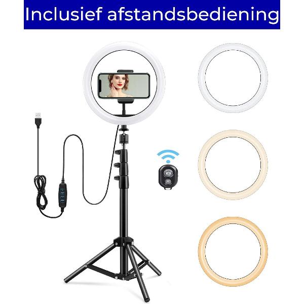 Ringlamp met statief, telefoonhouder en bluetooth afstandsbediening – LED - 10 inch / 26 cm – 186 hoog