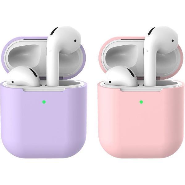 2 beschermhoesjes voor Apple Airpods - Lila & Roze - Siliconen case geschikt voor Apple Airpods 1 & 2