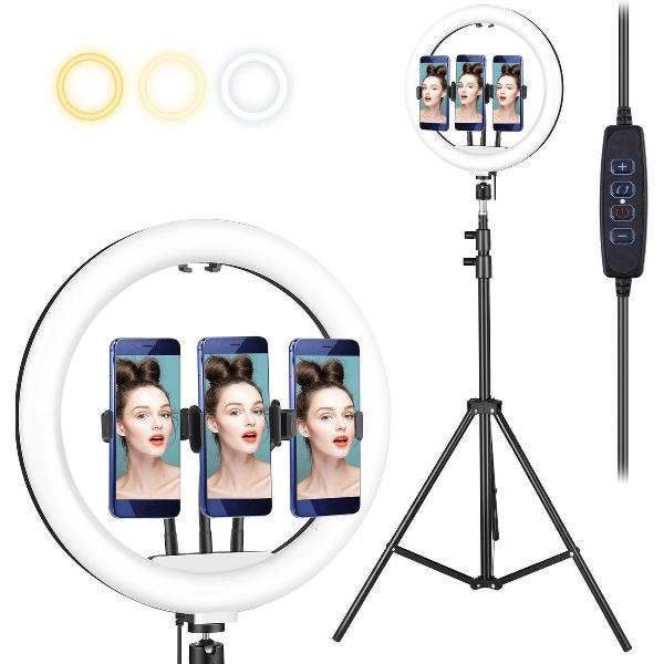 Ringlamp met Statief - Tiktok lamp met 3 Telefoonhouders - Dimbare Ringlight - 13 inch - In Hoogte Verstelbaar tot 200CM