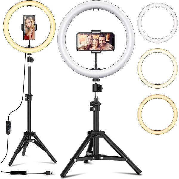 Ringlamp met Statief Smartphone of Camera - Draaibare TikTok Lamp Met Telefoonhouder 13 inch / 33 cm - Ringlight met Statief 200 CM - Dimbare Instagram Lamp - Inclusief 3x Telefoonhouder