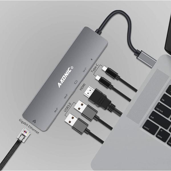 A-KONIC© 6 in 1 USB C Naar HDMI (4K) HUB met Ethernet RJ45, 2x USB 3.0 (thunderbolt), 2X Usb-C – geschikt voor Macbook Pro, HP, Dell en meer – Spacegrey