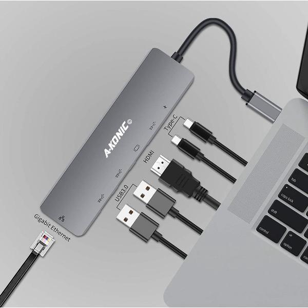 A-KONIC© 6 in 1 USB C Naar HDMI (4K) HUB met Ethernet RJ45, 2x USB 3.0 (thunderbolt), 2X Usb-C – geschikt voor Macbook Pro, HP, Dell en meer – Spacegrey