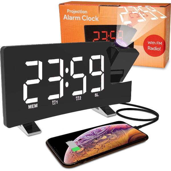 FettleLife PROX50 Digitale Wekkerradio met Projectie - Wekker Kinderen - Projectie Klok - Kinderwekker - Wekkers Digitaal (Wit)