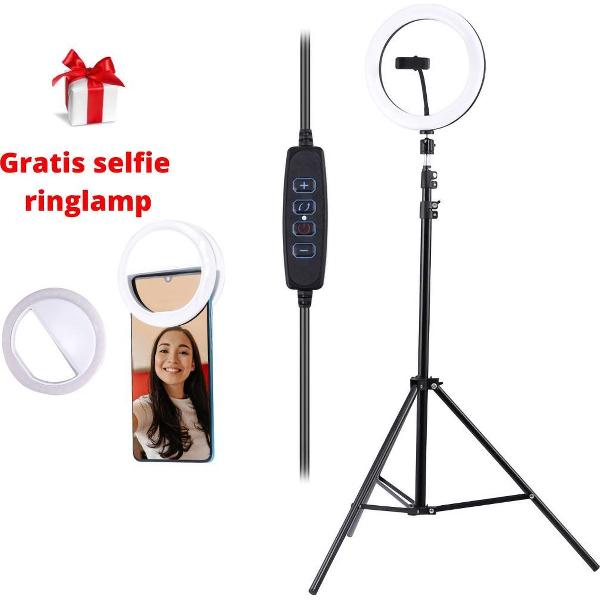 Marilo`s Ringlamp met statief (verstelbaar) - Inclusief gratis Ringlamp voor mobiel - LED - Selfie Ringlamp Smartphone Houder - Studiolamp - Verstelbare hoogte & 360 graden draaibaar - 26 cm/10 inch - 2m hoog - 3 lichtkleuren en 10 lichtstanden