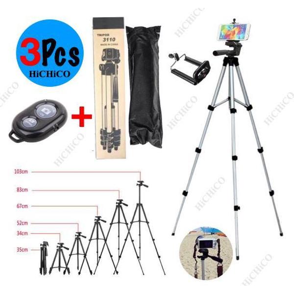 3x Camerastatief, Smartphone Statief, 3Pcs Smartphone Tripod Voor Fotocamera en Smartphone - iPhone - Canon – Nikon - Spiegelreflexcamera Inclusief Bluetooth Remote Shutter en Waterpas, HiCHiCO Model 3110, 108Cm Zilver