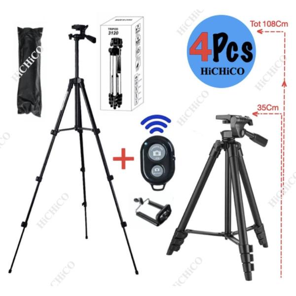 4Pcs Camerastatief, Smartphone Statief, Tripod Voor Fotocamera en Smartphone - iPhone - Canon – Nikon - Spiegelreflexcamera Inclusief Bluetooth Remote Shutter en Waterpas, HiCHiCO Model 3120 104Cm Zwart