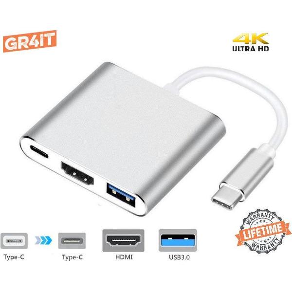 Premium USB-C 3 in 1 Adapter| USB-C naar HDMI (4K), USB A en USB C Opladen | Type C To HDMI, USB 3.0 & Type-C Fast Charging Hub | Compatible Wth Apple Macbook Pro | Air | Chromebook | IMAC | XPS | Dell | Lenovo | Surface | Samsung | Zilver | GR4IT©