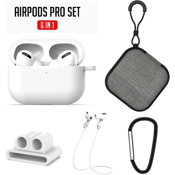 Airpods Pro Silicone Case - 6-in-1 bescherming set voor de Airpods Pro - Airpods Pro Soft Case - Airpods Pro Travel case - Horloge houder - Anti lost Straps - Karabijn haak - 25 Cleaning Sticks (tijdelijk) - Wit