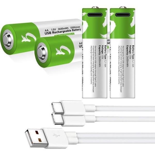 AA batterijen - 4x oplaadbare AA batterij - met usb-c oplaadsnoer /oplader - <1200x oplaadbaar cyclus