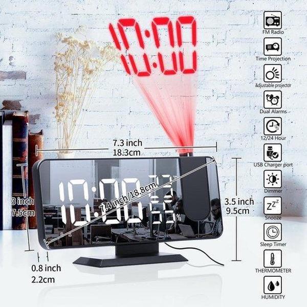Multifunctionele Digitale LED Wekkerradio - Projectiewekker - Dubbele Alarm Functie - USB Fast Charger - Telefoonoplader - Spiegel LED Display - Dual Alarm - FM Radio - Temperatuur - 12hr/24HR - Batterij Backup - Kinderwekker - Projectieklok - Zwart