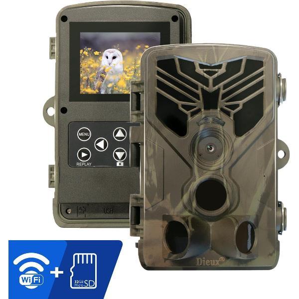Dieux® Wildcamera - Wildcamera met nachtzicht - Wildcamera met Wifi - Jachtcamera - Observatiecamera - Beveiligingscamera buiten - Inclusief 32GB Micro SD Kaart - 20 MP - Full HD - Vaderdag - Vaderdag kados - Vaderdag geschenk