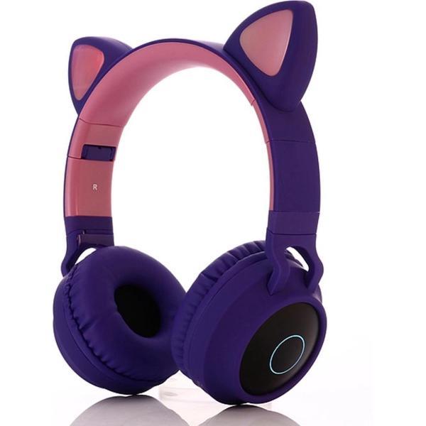 Koptelefoon Kinderen - Kinder Koptelefoon - Koptelefoon met Bluetooth - Zachte Oorkussens Koptelefoon voor Kinderen - Met Led Kattenoortjes - Paars