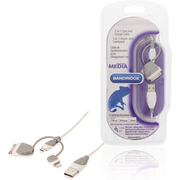 Bandridge BBM39410W10 3-in-1 Data En Oplaadkabel Usb Micro-b Male + Dockadapter + Lightningadapter - A Male 1.00 M Wit
