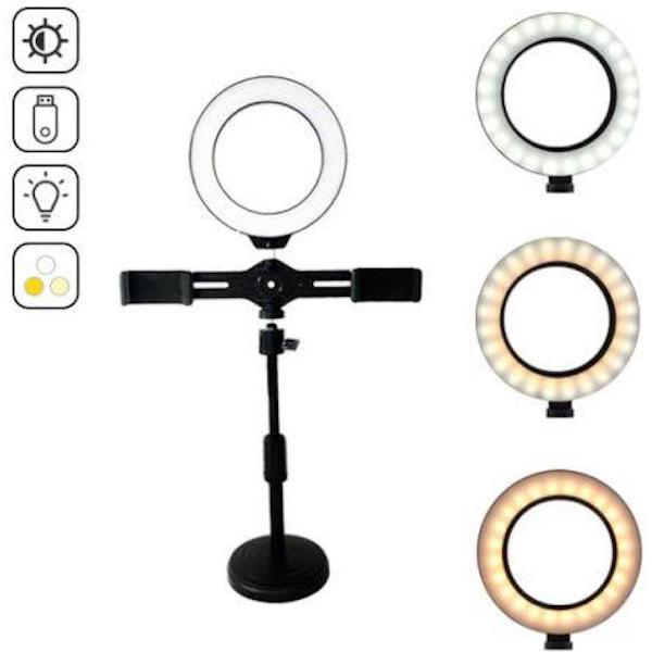 Ringlamp met statief- Twee Smartphone houders- 3 lichtstanden- Vloglamp- Ringled- Thuiswerken bureaulamp