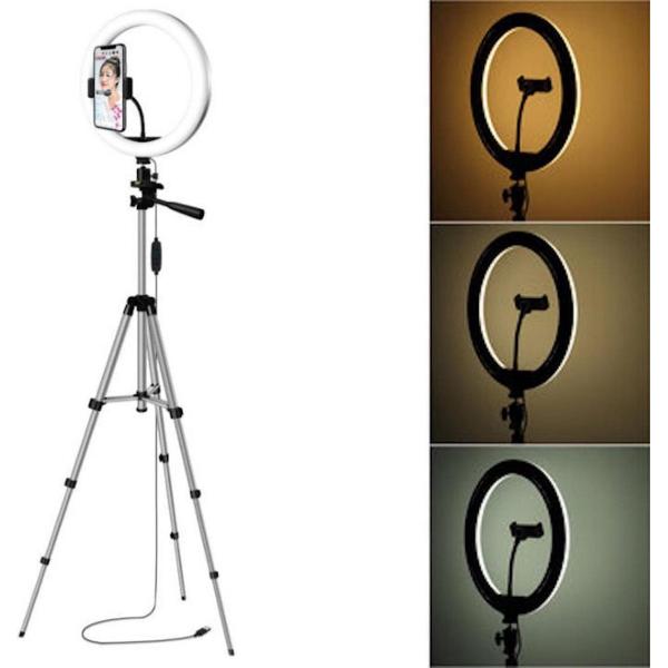 LED Ringlamp met Statief 10 Inch/25 cm- Inclusief Smartphone Houder - Verstelbaar 32-180 CM