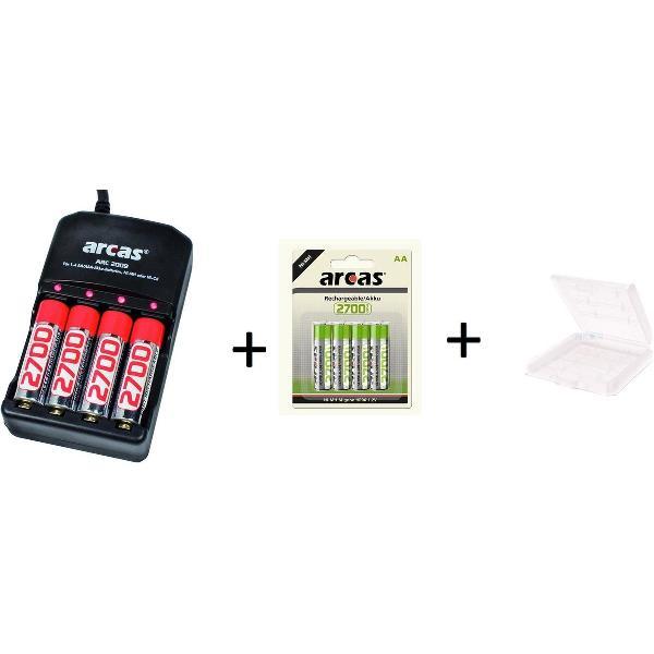 Arcas Batterij Oplader Geschikt voor AA / AAA + 8 ARCAS Rechargeable AA Batterijen 2700 mah + Batterij doosje