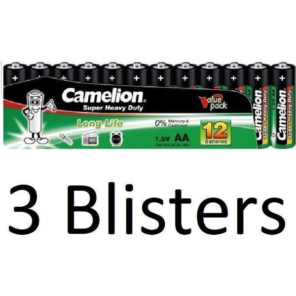 36 stuks (3 Blisters a 12 st) Camelion Green Zinc AA Batterijen