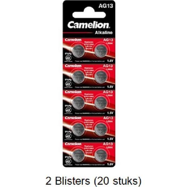 20 stuks (2 blisters a 10 stuks) Camelion Alkaline LR44 AG13 1.5V 0% Mecury