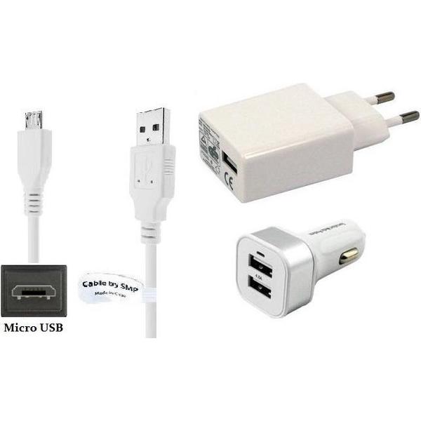 Lader set met 1,5 m Micro-USB laadkabel. 4,8A Auto oplader en en 2A oplader stekker met oplaadkabel snoer. o.a. Harman Kardon, HTC, Huawei, JVC, Jabra, Bose.