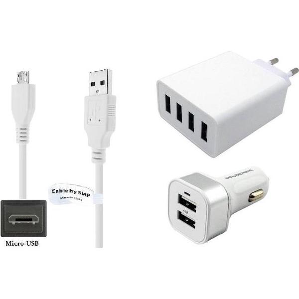 Lader set met 1,2 m Micro-USB laadkabel. 4,8A Auto oplader en en 4.8A oplader stekker met oplaadkabel snoer. o.a. Doro, Denver, Garmin, GoPro, Google, Honor.