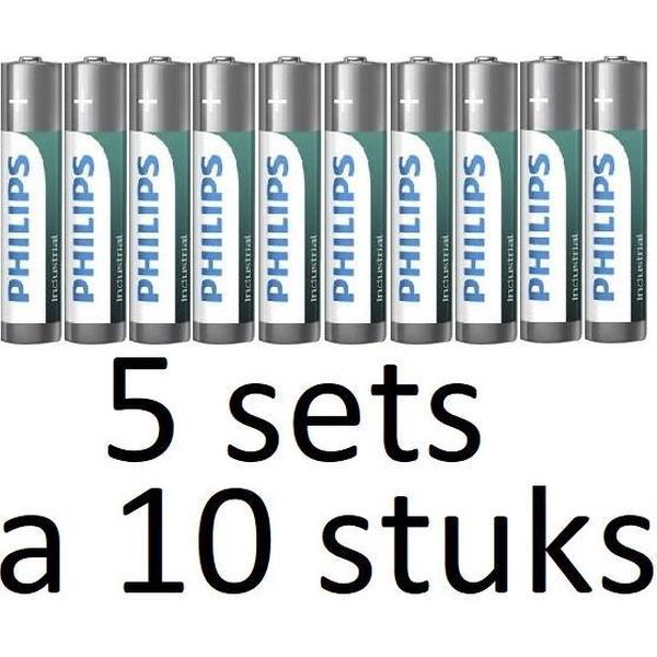 50 Stuks (5 Doosjes a 10 st) Philips Batterijen AAA Industrial Zilver/groen