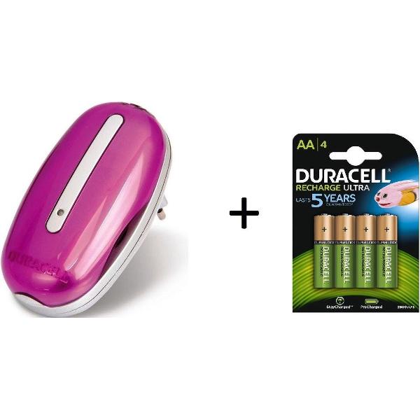 Duracell Mini Lader Roze + 4 Duracell AA Oplaadbare Batterijen - 2500 mAh
