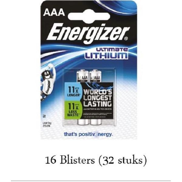 32 stuks (16 blisters a 2 stuks) Energizer AAA Ultimate Lithium 1.5V Micro LR03/FR3