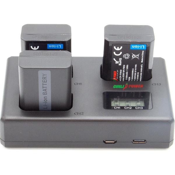 ChiliPower Sony Accu NP-FW50 Kit Deluxe - 3 accu's + Triple lader, voor het laden van 3 accu's