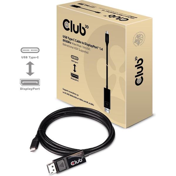 club3D USB Aansluitkabel 1.80 m CAC-1557 Vlambestendig Zwart [1x USB 3.2 Gen 2 stekker C (USB 3.1) - 1x DisplayPort stekker]