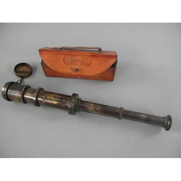 Telescoop - Gepolijst messing - Leren doos - 7 cm hoog