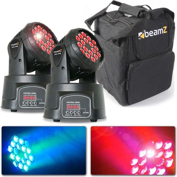 SET VAN 2 BEAMZ MHL108MK2 COMPACTE MOVING HEADS MET TAS