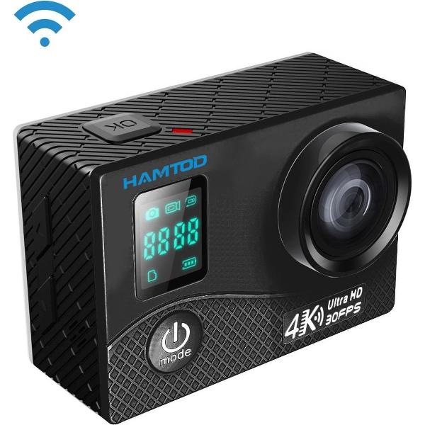 HAMTOD H8A UHD 4K WiFi-sportcamera met waterdichte behuizing, Allwinner V3-programma, 0,66 inch voorscherm, 2,0 inch LCD-scherm, 170 graden groothoeklens (zwart)