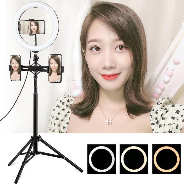 PULUZ 1,65 m statiefbevestiging + dubbele telefoonbeugels + 10,2 inch 26 cm gebogen oppervlak USB 3-modi Dimbare dubbele kleurtemperatuur Ring Vloggen Videolicht Live uitzendingskits met telefoonklem (zwart)