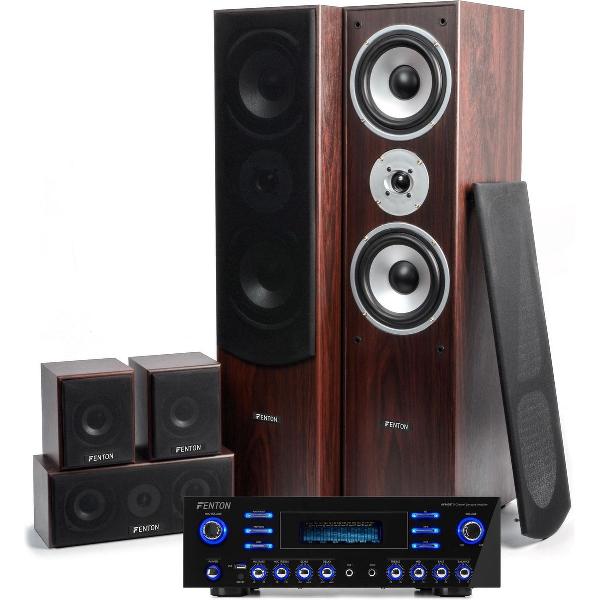 Surround set home cinema - Fenton home cinema surround set met 5 speakers + versterker met Bluetooth en mp3 speler - 510W - Walnoot