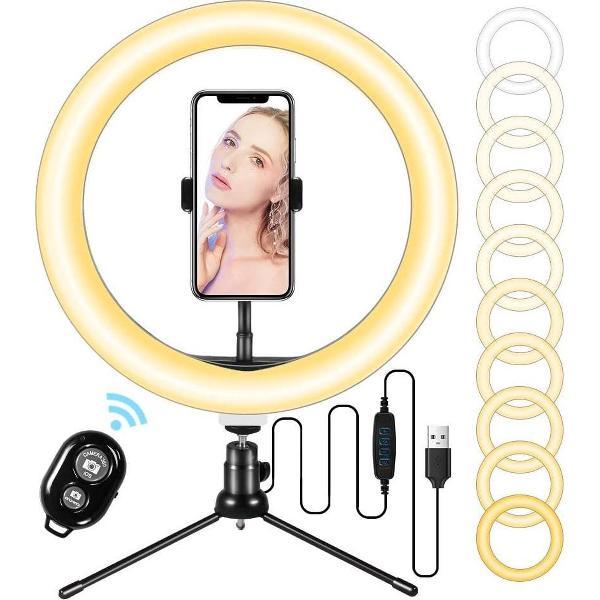 selfie ring licht met statief - ZINAPS LED Ring Light 10 inch met Tripod en flexibel Phone Holder, Bureau Make-up selfie Ring licht met dimbare 3 Licht modi en 10 Helderheid niveaus voor YouTube Video Fotografie en Live Streaming